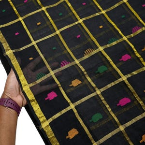 Tela para saris vintage indios, negra, de algodón puro, tejida a mano, 5 yardas, con estampado floral étnico, ideal para manualidades, reciclaje, acolchado y confección de vestidos. imagen 4