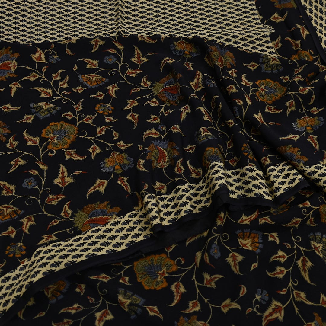 Indian Vintage Sari Green & Black Pure Crepe Silk Printed Saree 5yard Sewing Floral Soft Craft Fabric Wrap Crafting Quilting Upcycle main image 0