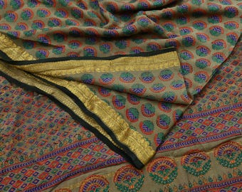 Indian Vintage Sari Brown 100% Pure Silk Printed Saree 5yd Sewing Craft Fabric Dress Making Wrap Floral Zari Crafting Quilting Upcycle
