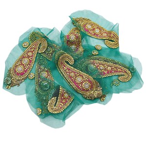Indian Vintage Pink & Green Net Hand-Embroidered Appliques Set of 2, Zardozi, Dabka, Bead Work Floral Patches for Crafts, Journals 8.5x3.5"