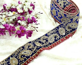 Borde de sari azul vintage indio bordado a mano, ribete artesanal de encaje, cinta de sari de terciopelo, 1 yarda, confección de vestidos, diseño de vestidos, decoración Dabka