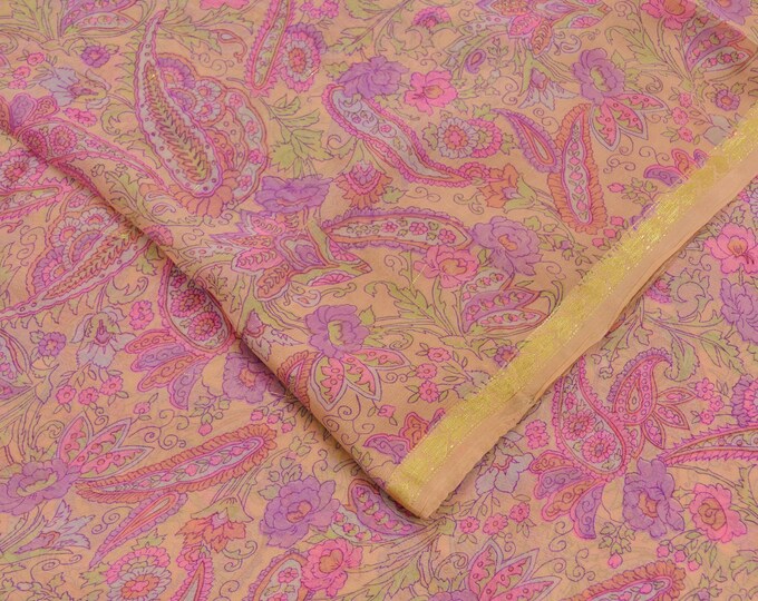 Indian Vintage Sari Yellow & Pink Printed Pure Cotton Sarees Craft Fabric 5Yd Soft Sewing Sarong Wrap Boho Floral Quilting Dress making main image 0