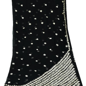 Indian Vintage Black Dupatta Pure Chiffon silk Long Stole Hand Embroidered Scarves Floral Design Stole Veil Wrap Zari