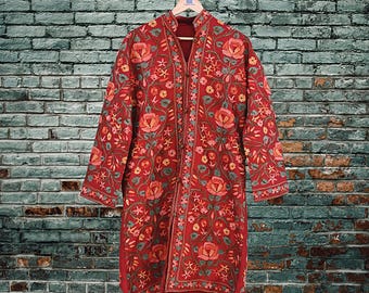 Indian Vintage Red Embroidered Kashmiri Coat, Aari Embroidery, Raw Silk Coat, Boho Jacket For Both Women/Men Indian Coat