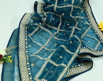 Indian Pre-owned Heavy Dupatta Blue Net Long Stole Hand Embroidered By Designer Abu Jani Scarves Bridal Veil