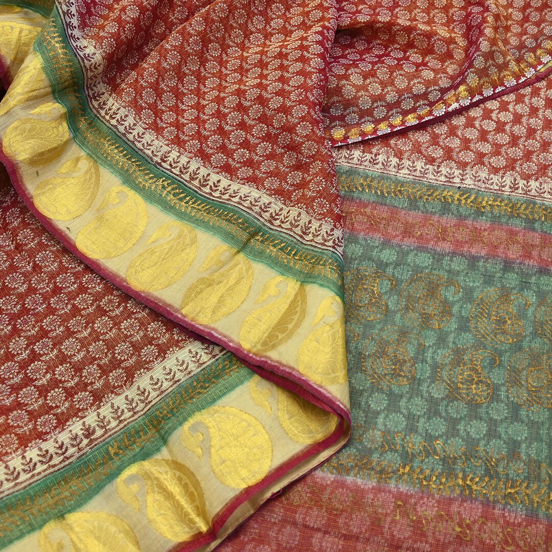 Indian Vintage Sari Red Pure Chanderi Silk Hand Woven/ Painted Sarees ...