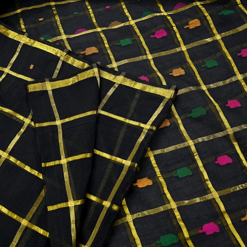 Tela para saris vintage indios, negra, de algodón puro, tejida a mano, 5 yardas, con estampado floral étnico, ideal para manualidades, reciclaje, acolchado y confección de vestidos. imagen 15
