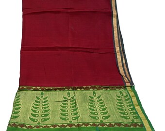 Indian Vintage Dupatta Green & maroon Long Stole Printed Woven Pure Chanderi Silk Indian Scarves Veil Golden Zari Soft Fringes
