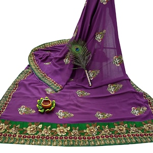 Sari lourd vintage indien violet pur georgette soie saris brodés à la main tissu artisanal 5 yd couture sari ethnique Bollywood Zardozi Mukesh
