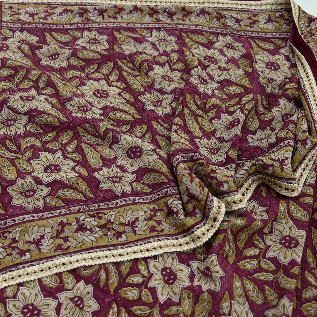 Indian Vintage Sari Maroon & Ivory 100% Pure Silk Printed Sarees 5yd Craft Fabric Sewing Dress Making Floral Quilting Crafting Upcycle Used main image 1