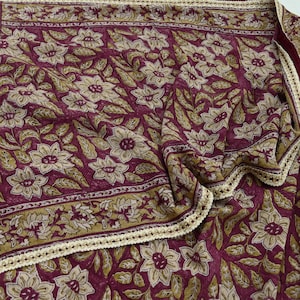 Sari vintage indien beige et bordeaux pure georgette bloc de soie imprimé saris artisanat tissu couture 5 yd robe fabrication artisanat courtepointe upcycle