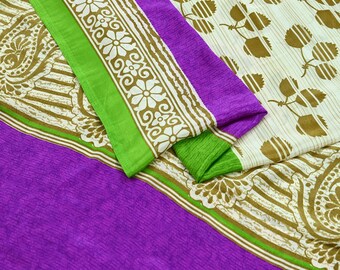 Indian Vintage Moss Crepe Printed Saree Floral 5 Yards Soft Craft Fabric for Dressmaking, Décor, Quilting, & Upcycling Crafting