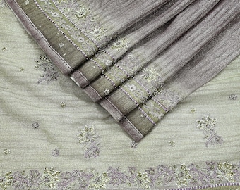 Indian Vintage Silver & Purple Saree Net/Mesh Hand Embroidered Sari Craft Fabric 5Yd Sewing Soft Zardozi Dress making Crafting Quilting