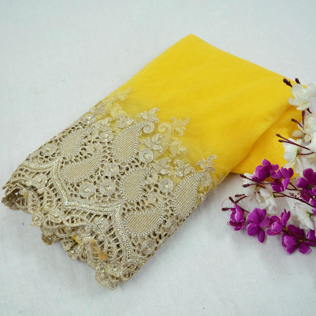 3yard Indian Yellow Color Net Fabric Zari Embroidered Work Design ...