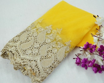 3Yard Indian Yellow Color Net Fabric Zari Embroidered Work Design Fabric Used in Different Designing in Multi Apparels.
