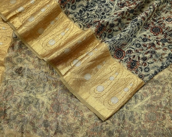 Indian Vintage Beige Sarees Pure Organza Silk Woven Sari Craft Fabric 5Yd Sewing Ethnic Zari Border Dress making For Crafting Quilting