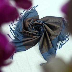 Indian Vintage Blue Dupatta Long Stole Artificial Silk Woven Brocade Scarves Veil Scarf Wrap Hippie Boho Soft Floral Fringes