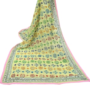 Indian Vintage Dupatta Yellow Long Stole Blend Georgette Hand Embroidered Phulkari Stole Scarves Party wear