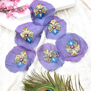 Indian Vintage Purple & Blue Pure Georgette Silk Appliques Set of 6 Hand-Embroidered Patches with Zardozi, Dabka ,for Craft Journals 3x2.5"