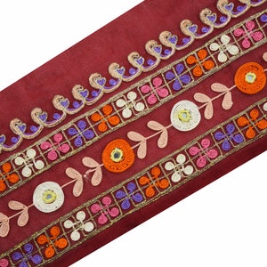 Indian Vintage Red Sari Border Hand Embroidered Kutch Indian Craft Trim Lace Sewing Georgette Ribbon Recycled Sari Border Zari Decor