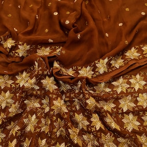 Indian Vintage Brown Dupatta Long Stole Pure Chiffon Silk Hand Embroidered Bagh Phulkari Stole Scarves Golden lace