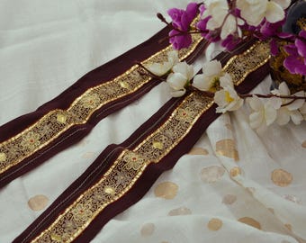 Indian Vintage Maroon Saree Border Hand Embroidered Gota Patti Indian Craft Trim Lace Sewing Sari Ribbon Pure Crepe silk  Zardozi/Dabka