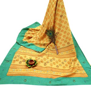 Indian Vintage Sari Yellow 100% Pure Khadi Silk Beaded Handloom Sarees Craft Fabric 5Yd Ethnic Sewing Dress making Crafting Quilting Upcycle