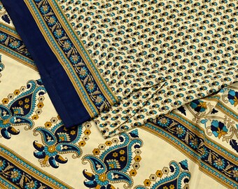 Indian Vintage Beige Artificial Silk Printed Saree Floral 5 Yards Soft Craft Fabric for Dressmaking, Décor, Quilting, & Upcycling