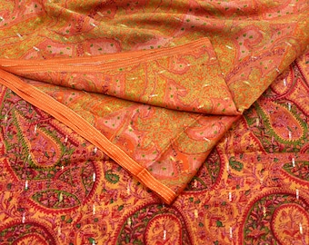Indian Vintage Sari Orange 100% Pure Silk Printed Sarees 5yd Sewing Craft Fabric Zari Dress Making Soft Wrap Quilting Used Crafting Upcycle