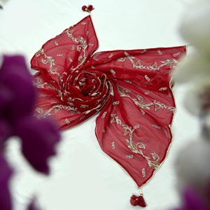 Red Chiffon Dupatta: Vintage Indian Embroidered Stole with Zari
