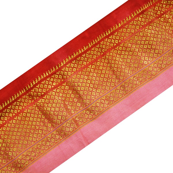 Indian Vintage Red & Peach Woven Woven Paithani Sari Border Trim Craft Sewing Recycled Sari Border Golden Zari Pure Silk Home Decor Crafting