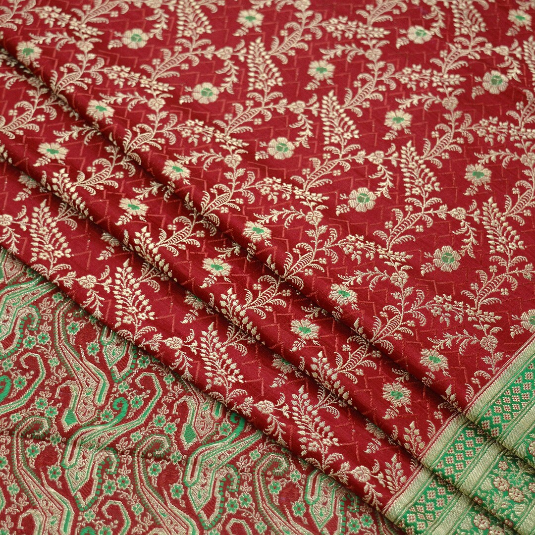 Indian Vintage Sari Maroon Heavy Wedding Pure Satin Silk Woven Banarasi Tanchoi Saree 5Yd Ethnic Craft Fabric Upcycle Bridal Heavy Sarees