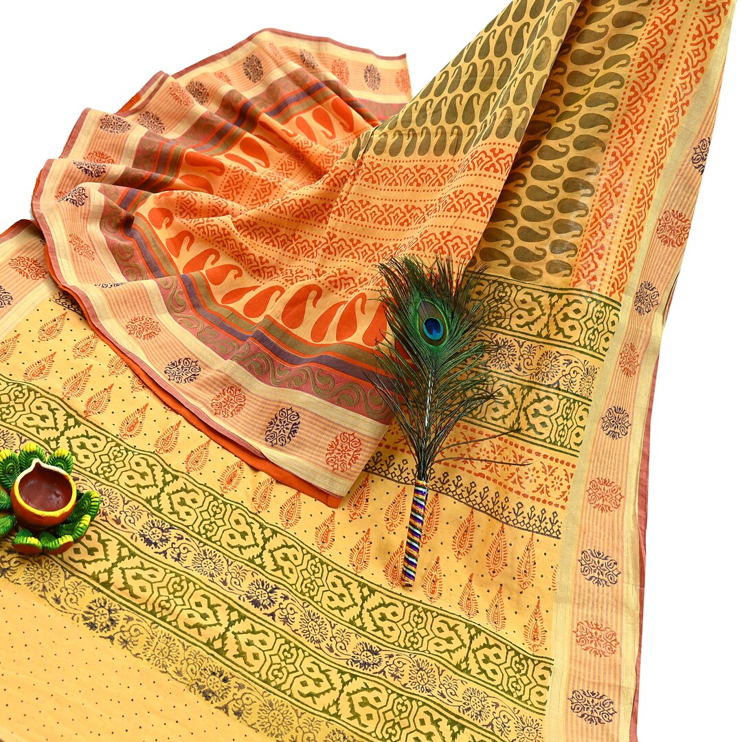 Indian Vintage Yellow Block Printed Pure Chanderi Silk Saree Floral ...
