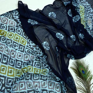 Indian Vintage Blue Dupatta Blend Chiffon Long Stole Block Printed Scarves Floral Design Stole Veil Wrap