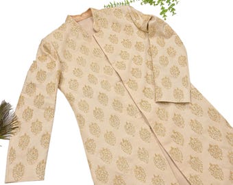 Vintage Beige Raw Silk Hand Embroidered Designer By Bharat Reshma Sherwani Indian Groom Wedding Bandhgala Coat