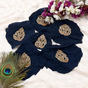 Indian Vintage Blue Pure Crepe Silk Appliques  Set of 6 | Hand-Embroidered Floral Patches with Zardozi, Dabka, Zari,for Craft, Journals