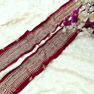 Indian Vintage Maroon Sari Border Hand Embroidered Craft Trim Lace Sewing Sari Ribbon Pure Crepe silk Zardozi Zari Dress Making Upcycle