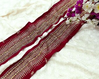 Indian Vintage Maroon Sari Border Hand Embroidered Craft Trim Lace Sewing Sari Ribbon Pure Crepe silk Zardozi Zari Dress Making Upcycle