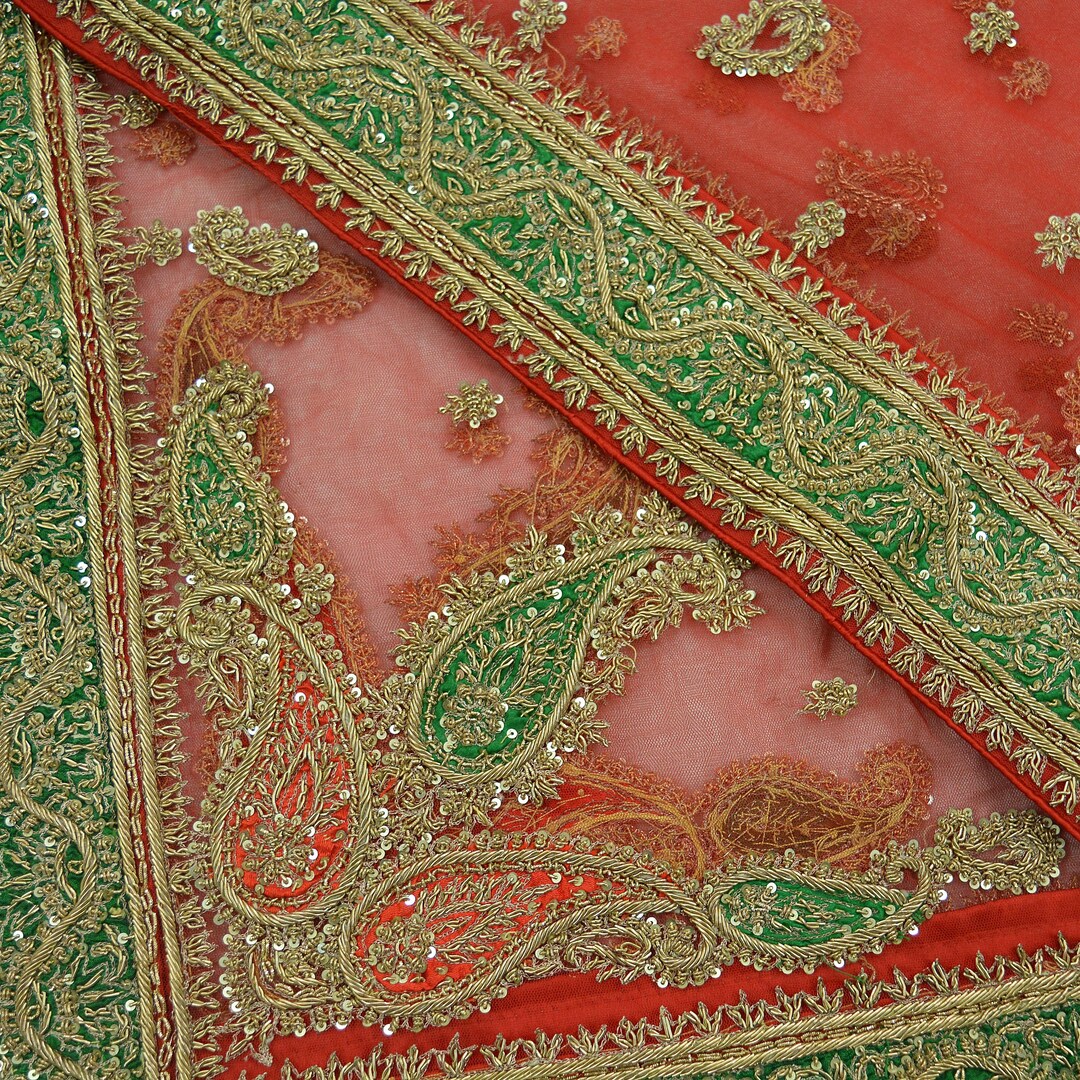 Indian Vintage Bridal Heavy Orange Dupatta Net Mesh Long Stole Hand Embroidered Scarves Golden Zardozi Dabka Zari Sequins Wedding Veil main image 1