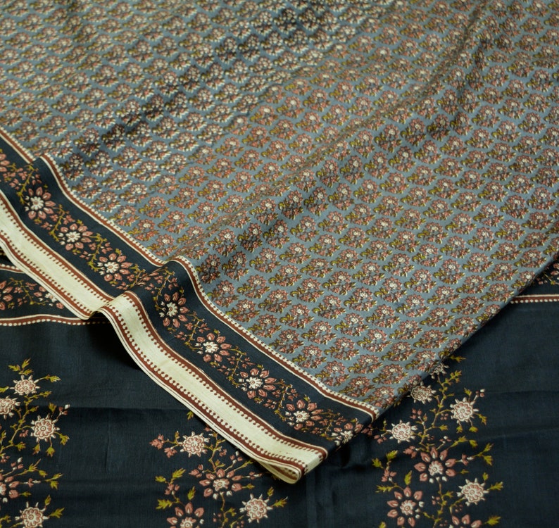 FREE SHIPPING Indian Vintage Black & Gray Saree 100 Pure Silk Printed