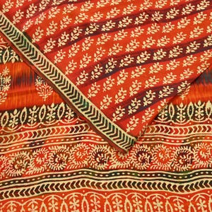 Indian Vintage Sari Orange Pure Crepe Silk Block Printed Sarees 5yd Sewing Floral Craft Fabric Wrap Dress Making Crafting Quilting Upcycle