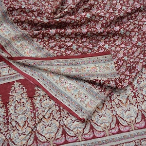 Indian Vintage Sari Maroon 100% Pure Silk Printed Sarees 5yd Craft Fabric Sewing Soft Dress Making Floral Quilting Crafting Upcycle Used