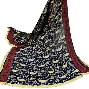 Indian Vintage Blue Dupatta Pure silk Long Stole Hand Embroidered Scarves Floral Design Stole Veil Wrap Sequins