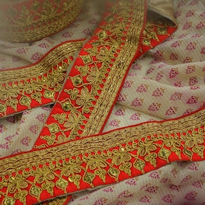 Indian Vintage Red Sari Border Hand Embroidered Craft Trim Lace Sewing Sari Ribbon Zari Golden Dori Decor Crafting Quilting Dress Making