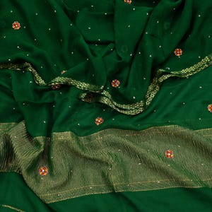 Indian Vintage Green Dupatta Pure silk Long Stole Hand Embroidered Scarves Floral Stole Veil Wrap