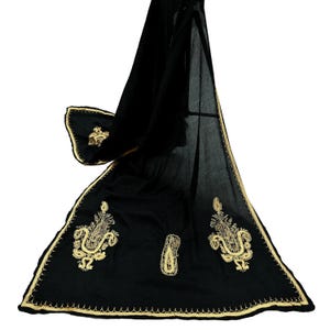 Indian Vintage Black Dupatta Long Stole Pure Silk Hand Embroidered Scarves Veil Scarf Wrap Hippie Boho