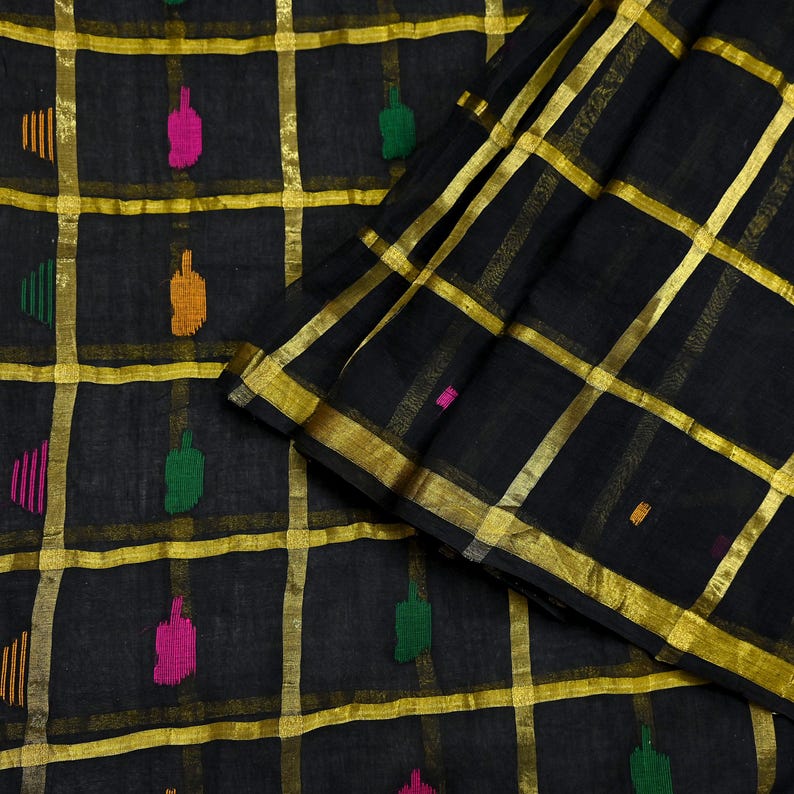 Tela para saris vintage indios, negra, de algodón puro, tejida a mano, 5 yardas, con estampado floral étnico, ideal para manualidades, reciclaje, acolchado y confección de vestidos. imagen 8