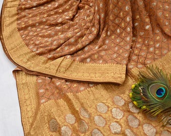 Vintage Heavy Saree Blend Georgette Hand Embroidered Sari Craft Fabric 5Yd Soft Ethnic Zari with Matching Blouse fabric