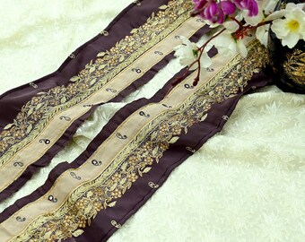 Indian Vintage Purple Border Hand Embroidered Craft Trim 1Yd Lace Sewing Sari Ribbon Crepe Zari Mirror Decor Gift Wrapped Paisley