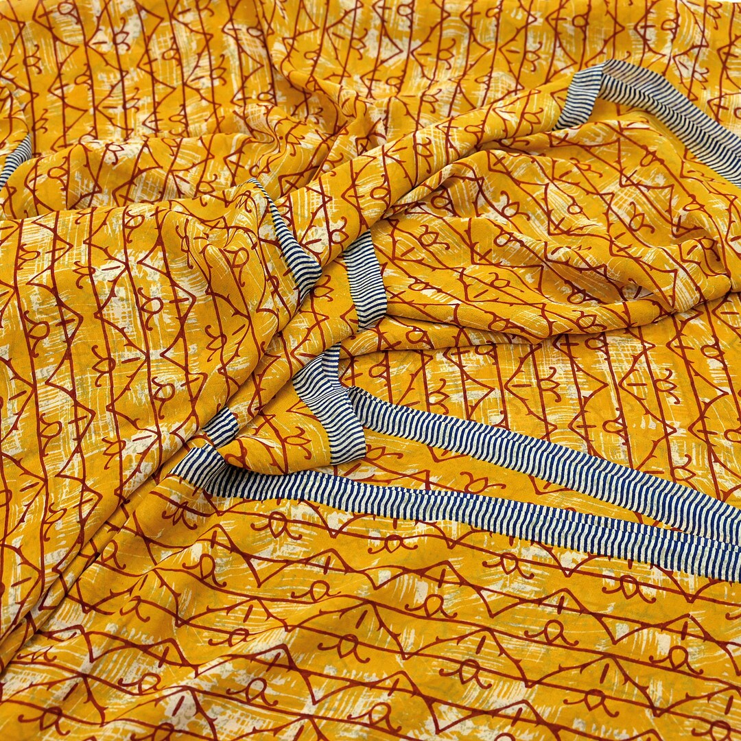Indian Vintage Sari Green & Orange 100% Pure Georgette Silk Block Printed Sarees Sewing 6yd Craft Soft Dress Designing for Crafting Floral main image 1